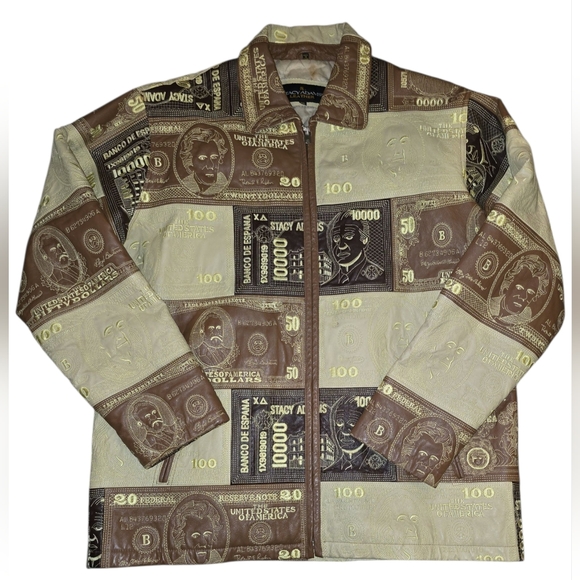 Vintage Stacy Adams Currency Print Genuine Leather Coat - Picture 1 of 12